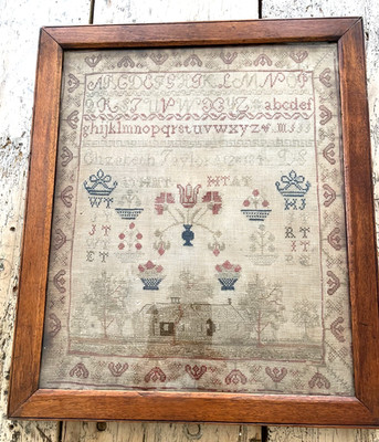 SAMPLER Rare Signed ''ELIZABETH TAYLOR' Antique Sampler, dated 1848 Schoo House