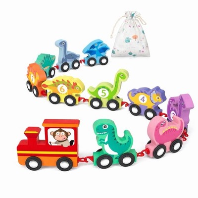 Dinosaur Wooden Train Set Numbered With Hook And Eye Connectors, Bag COMPLETE