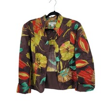 Vtg Womens Petites Silk Fall Floral Open Front Jacket Sz PL Multicolor Statement