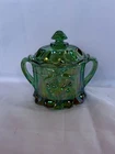 Vintage Green Carnival Glass Covered Sugar Bowl