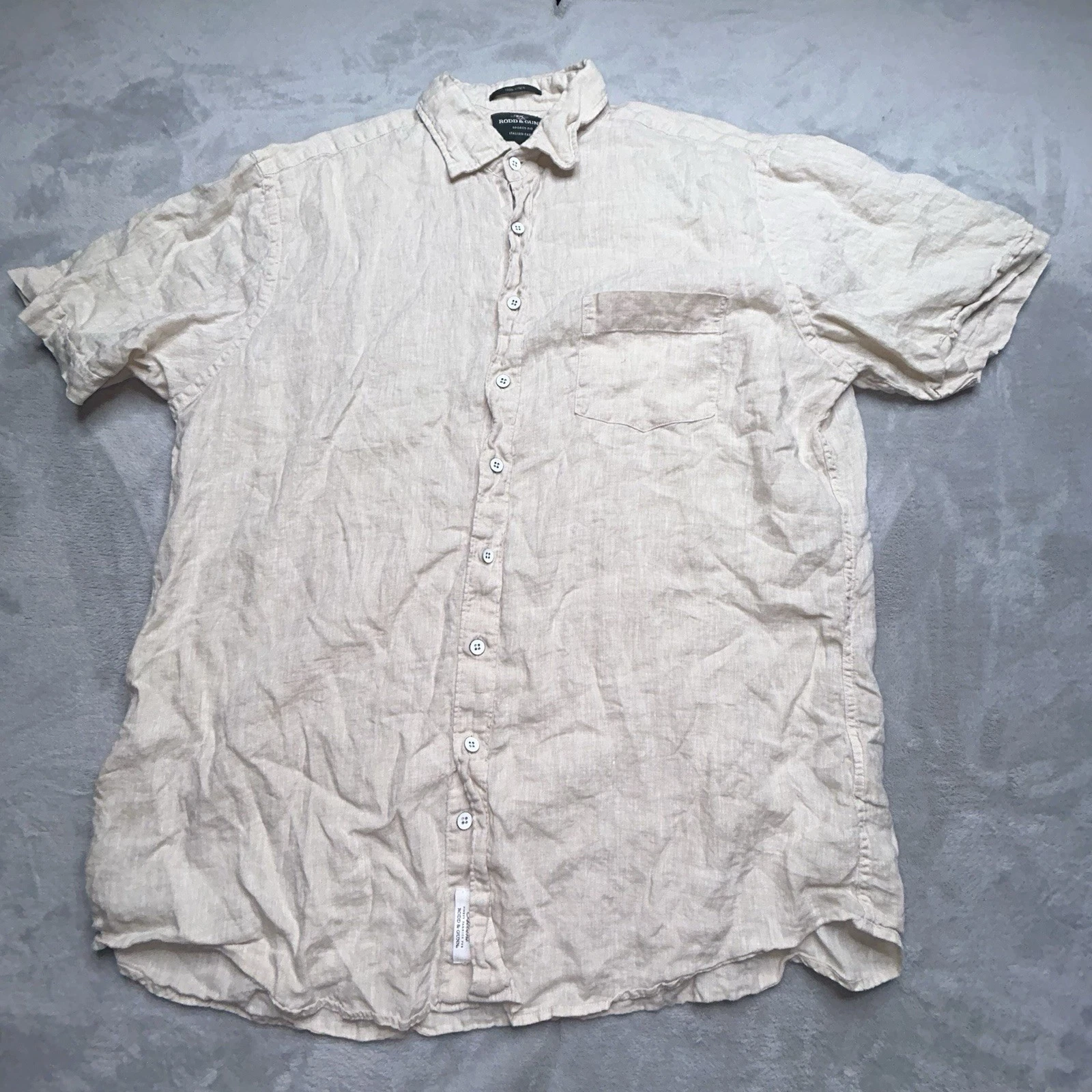 Rodd & Gunn 100% Linen Button Up Shirt Mens 2XL Beige Short Sleeve Sports Fit