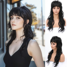 80s 90s Retro Black Mullet Wigs Pixie Cut Wigs with Bangs for Women Wolf Cut Wig