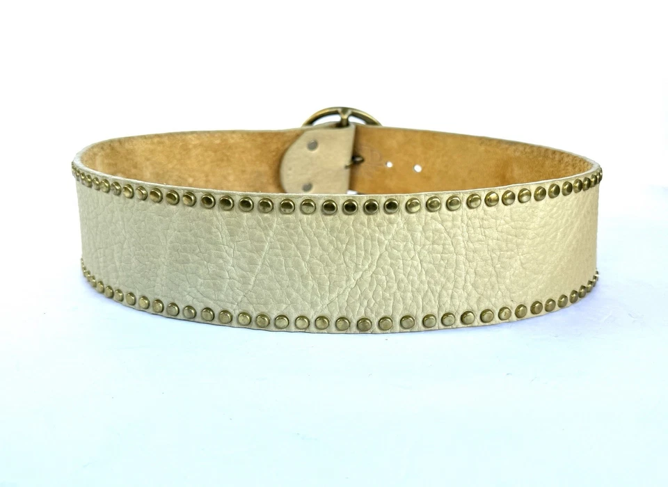 Cinturón Vintage Beige Cuero Búfalo Cintura Ancha Joed Tachonado Latón Tachonado Med 34 Foto 2 de 4