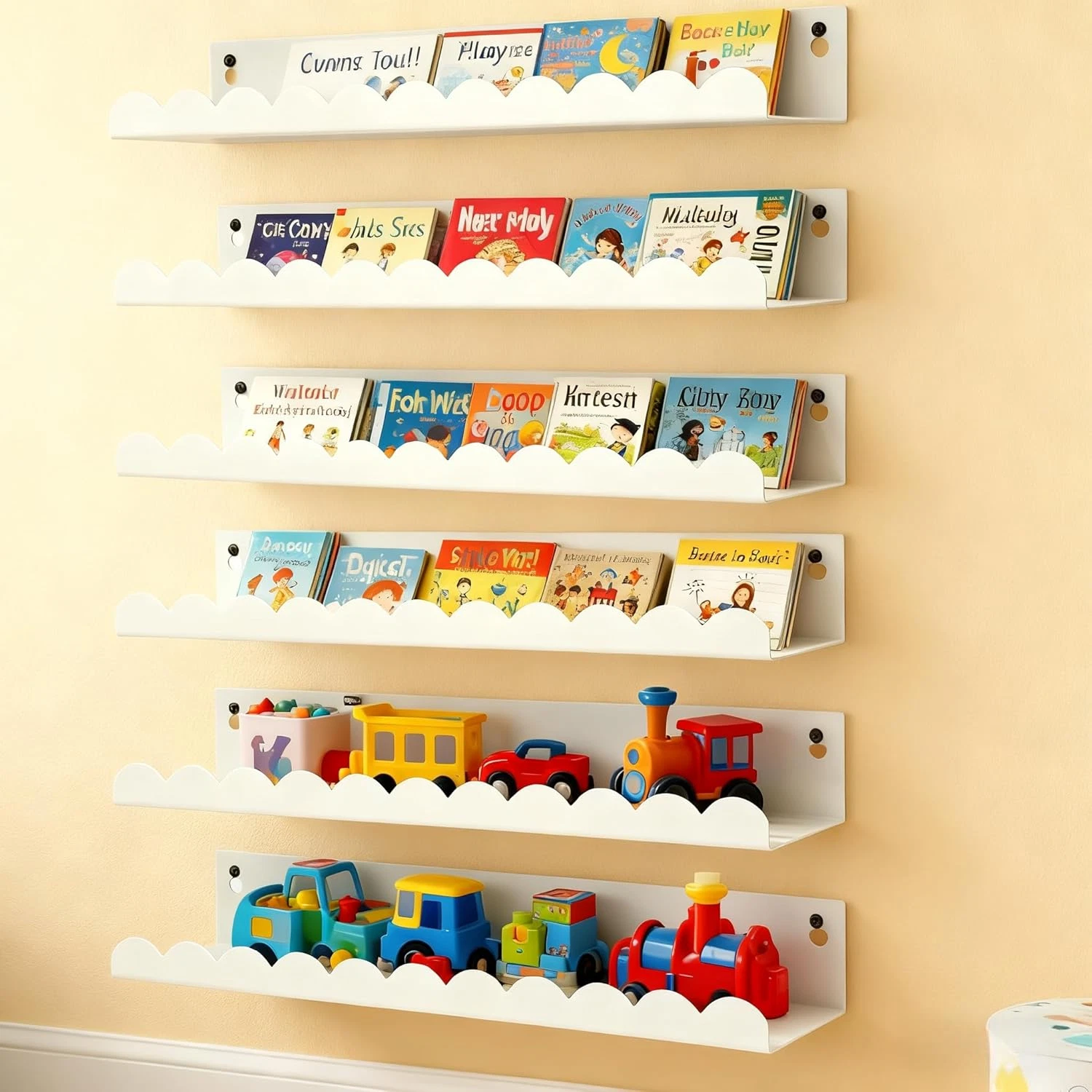 Nursery Book Shelves Set of 6, White Metal Floating Shelves for Wall, 16 Inch Sc
