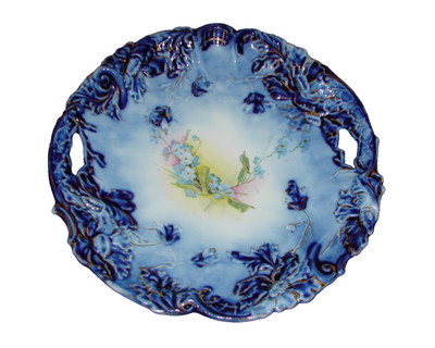 Rare Antique RS Prussia Cobalt Blue Gilt Porcelain Cake Plate Forget Me Not