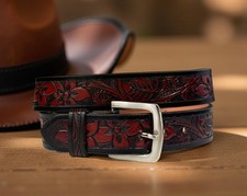 Women's Western Leather Belt, Floral Embossed Cowgirl Hand Tooled Belt 1-1/2"