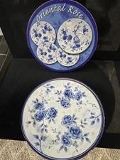 Home Essentials  8" Blue Oriental Rose Fine Porcelain Dessert Plate Set of 4
