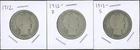 Lot of (3) Coins - 90% Silver Barber Half Dollars - 1912-P, D & S