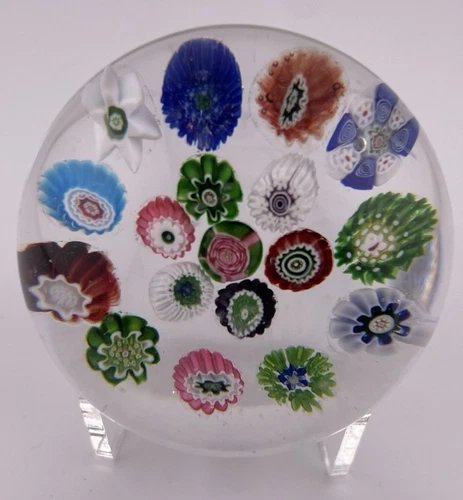 Antique Clichy  18-Cane W/ Pink/Green Rose Cane On Clear Glass Paperweight  2.1"
