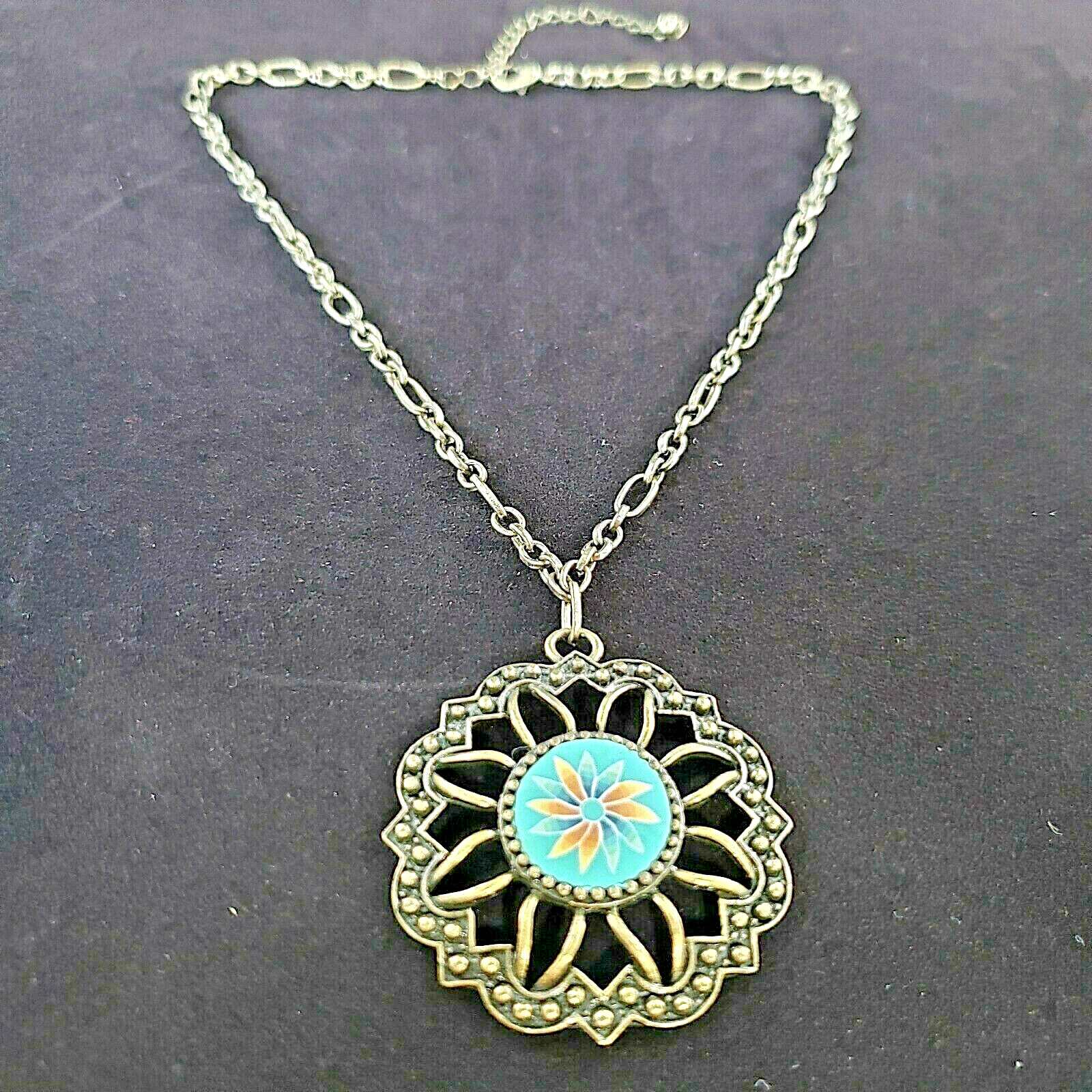 Necklace Pendant Openwork Turquoise Blue Floral S… - image 3