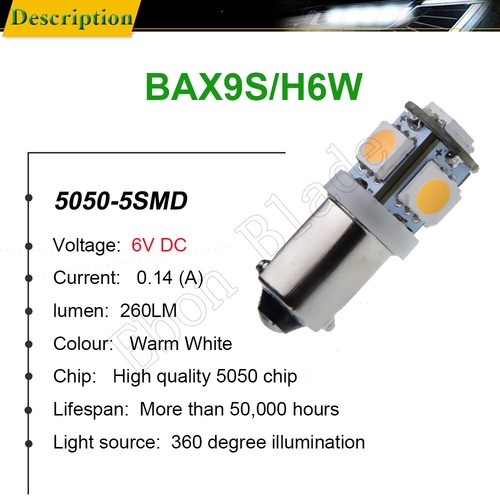 2Pcs 6V BAX9S H6W Car LED Lights Warm White Interior Side Wedge Parker Bulb Lamp - Picture 2 of 7