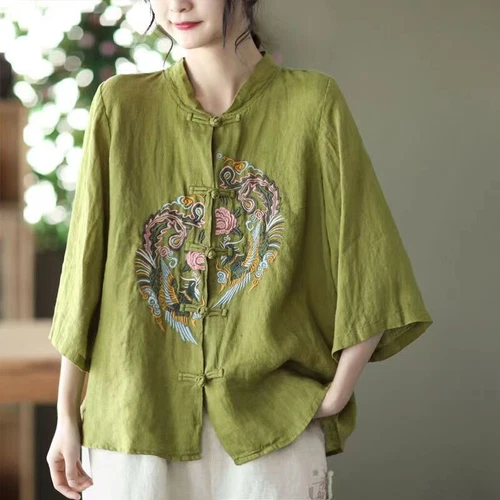 Chinese style cotton linen shirt embroidered top women's stand up collar party- - Bild 3 von 22