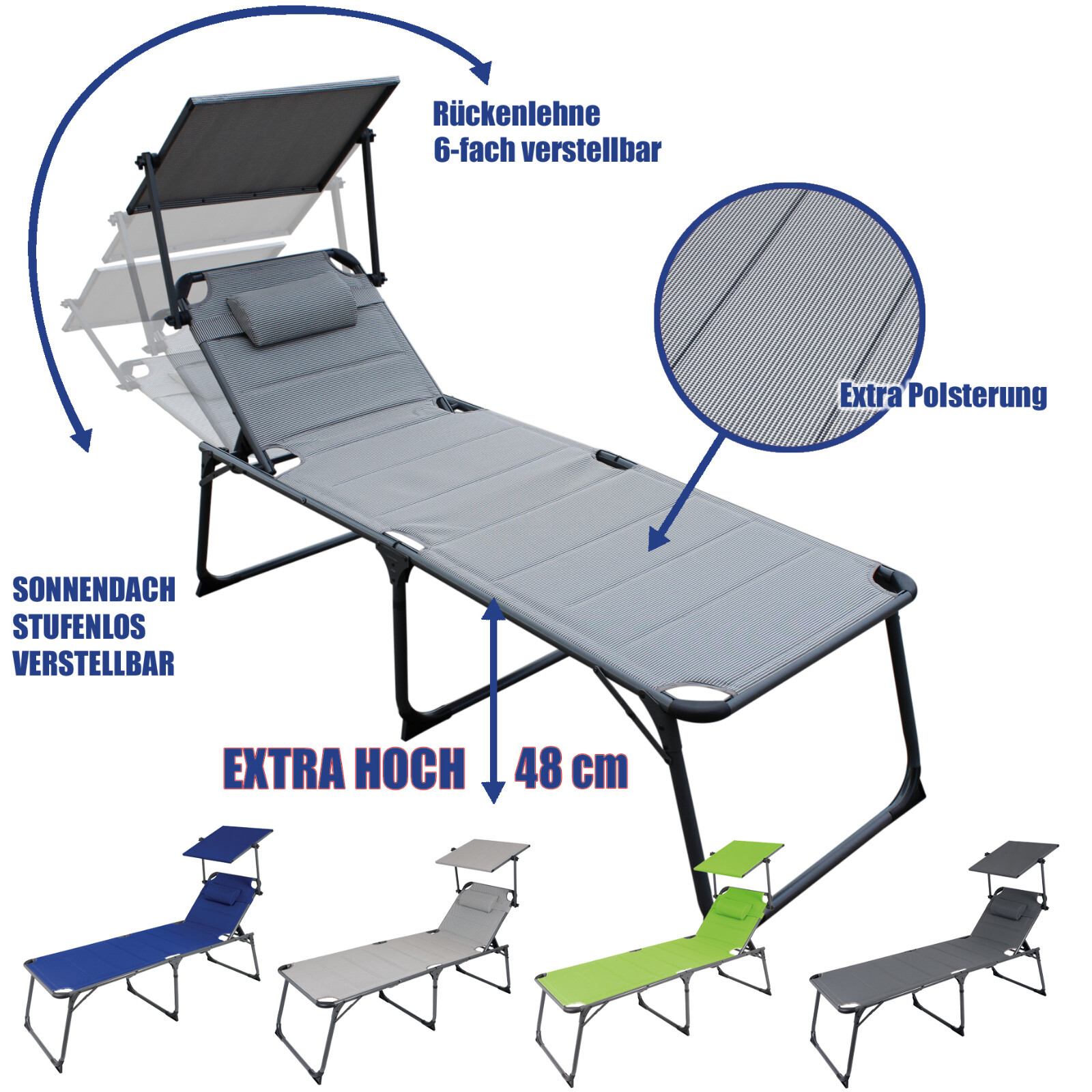 XXL Sonnenliege EXTRA HOCH klappbar GEPOLSTERT mit Dach Alu Gartenliege