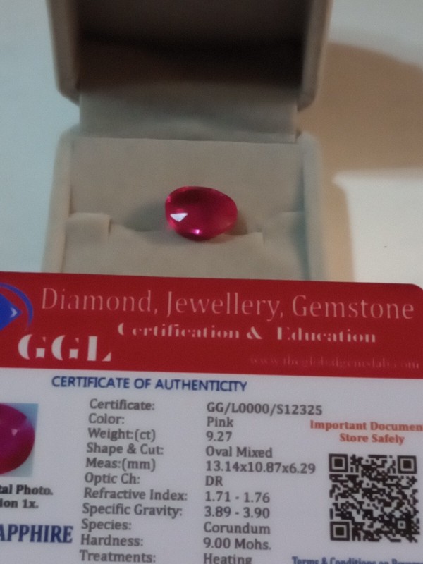 NATURAL EARTHMINED GGL CERTIFIED GEM TESTED HEATED OVAL PINK SAPPHIRE 9.27 CTS.