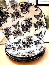 ZRIKE HALLOWEEN SKULL DINNER PLATES SET OF 4 BUTTERFLY FLOWERS CERAMIC