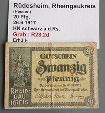 R&uuml;desheim, Rheingaukreis (Hessen) 20 Pfg. 26.6.1917 KN schwarz a.d.Rs.
