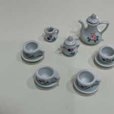 Miniature Porcelain Dollhouse Tea  Coffee Set Painted Floral Design 8 Pieces