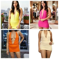 Women’s Halterneck Mini Dress Deep V Sexy Clubwear Cocktail Party Outfit UK Size