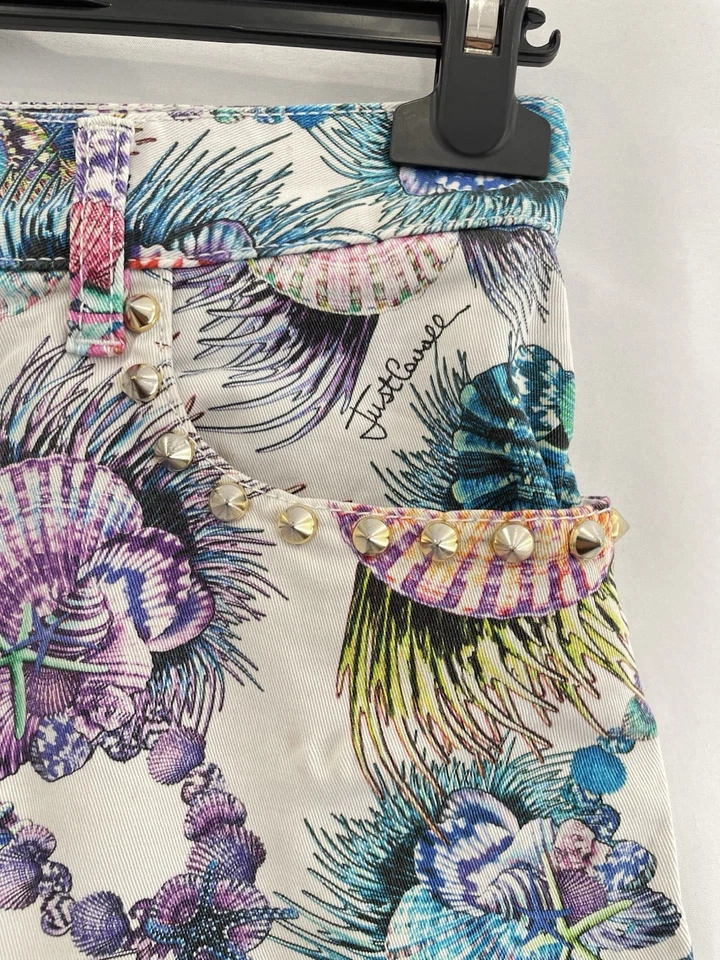 Pantalones Cortos H30# Just Cavalli Talla 27 Estampado Multicolor Concha Marina Detalle Perla Algodón Foto 3 de 4