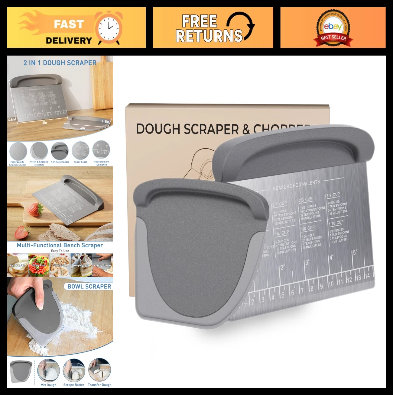 2-in-1 Stainless Steel Dough Scraper & Bench Scraper for Baking, Pizza, Pastry -