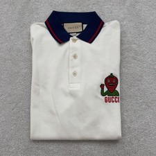 GUCCI Polo Shirt Men's Medium Cream White Strawberry Logo Collar Regular Fit