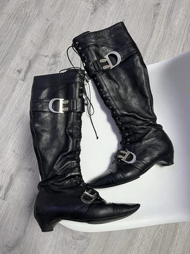 Bottes motardes Christian Dior automne 2005 John Galliano à lacets os vintage