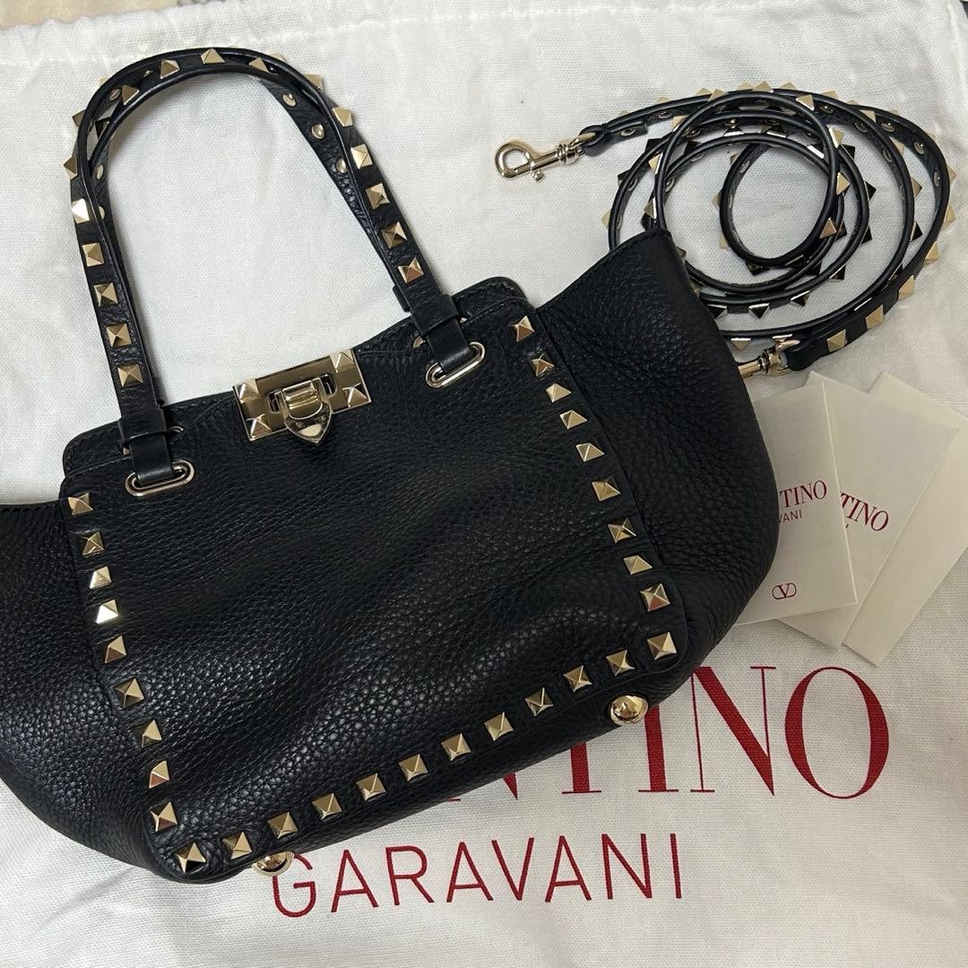 VALENTINO Women Rockstud 2Way Shoulder Hand bag Calfskin Leather Black Gold thumbnail 7