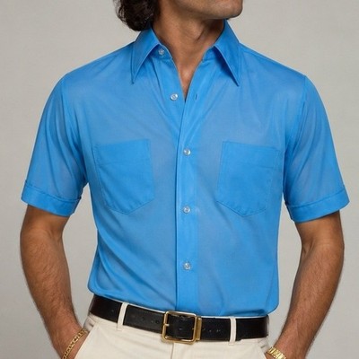 Vintage Sutton & Sutton Sheer Blue Nylon Tricot Disco Mod Shirt Korea Mens L