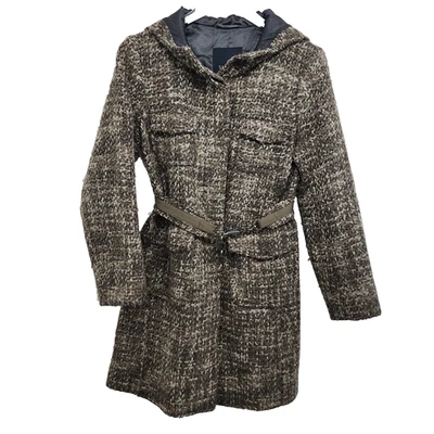 'S Max Mara Tweed Button Front Coat Virgin Wool Mohair Alpaca Belted Brown Sz 2