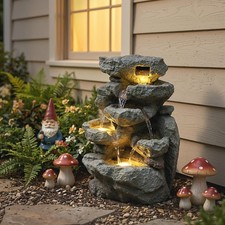 Outdoor Fountain with 6-Tier Rock Design, Waterfall Feature with LED Lights