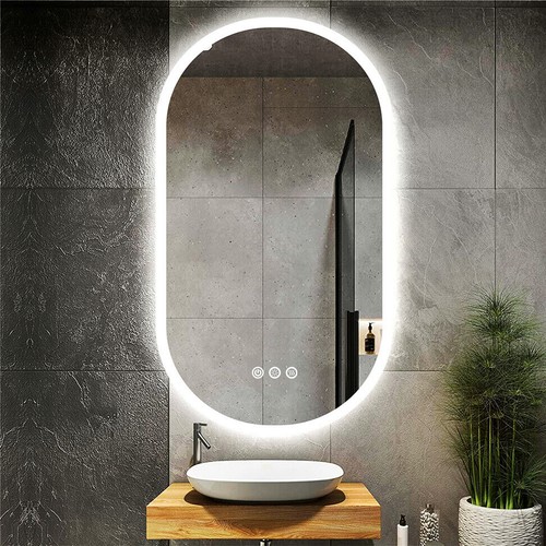 Espejo de baño ovalado con espejo de pared táctil con iluminación regulable sin herrajes transparente - Imagen 2 de 16