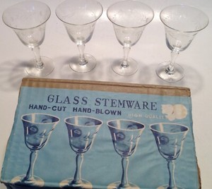 4 Vintage Hand Blown Optic Blue and Aqua Cordial Cocktail Glasses