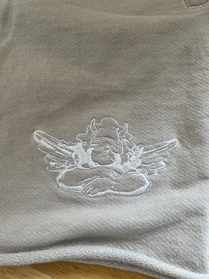 Shorts de moletom masculino deitado de dentro para fora bege algodão pesado logotipo anjo terry francês-S - Imagem 4 de 4