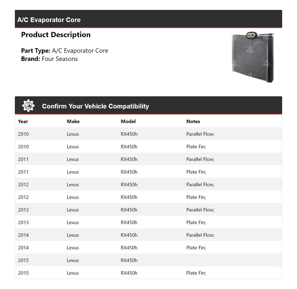 Núcleo evaporador aire acondicionado Lexus RX450h 2010-2015 4 estaciones 2011 2012 2013 2014 Foto 2 de 4