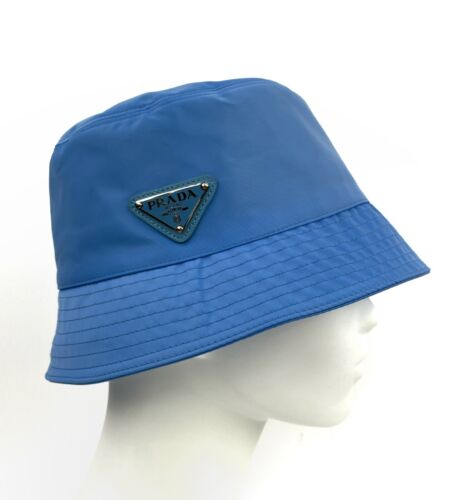 Authentic Prada Nylon Triangle Logo Bucket Hat Cap Head Blue Size M - Picture 1 of 9