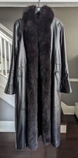 Black Lambskin Leather Swing Coat Stroller Fox Fur Collar Angora Rabbit M L 10