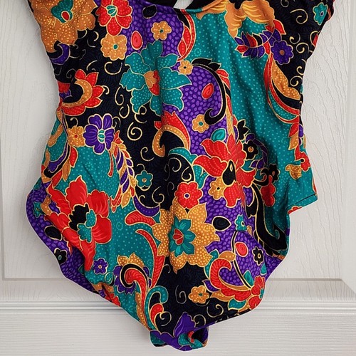 Retro Slim Suit 80's Mod One Piece Swimsuit Floral Underwire Size 16 Plunge Neck - Picture 3 of 15