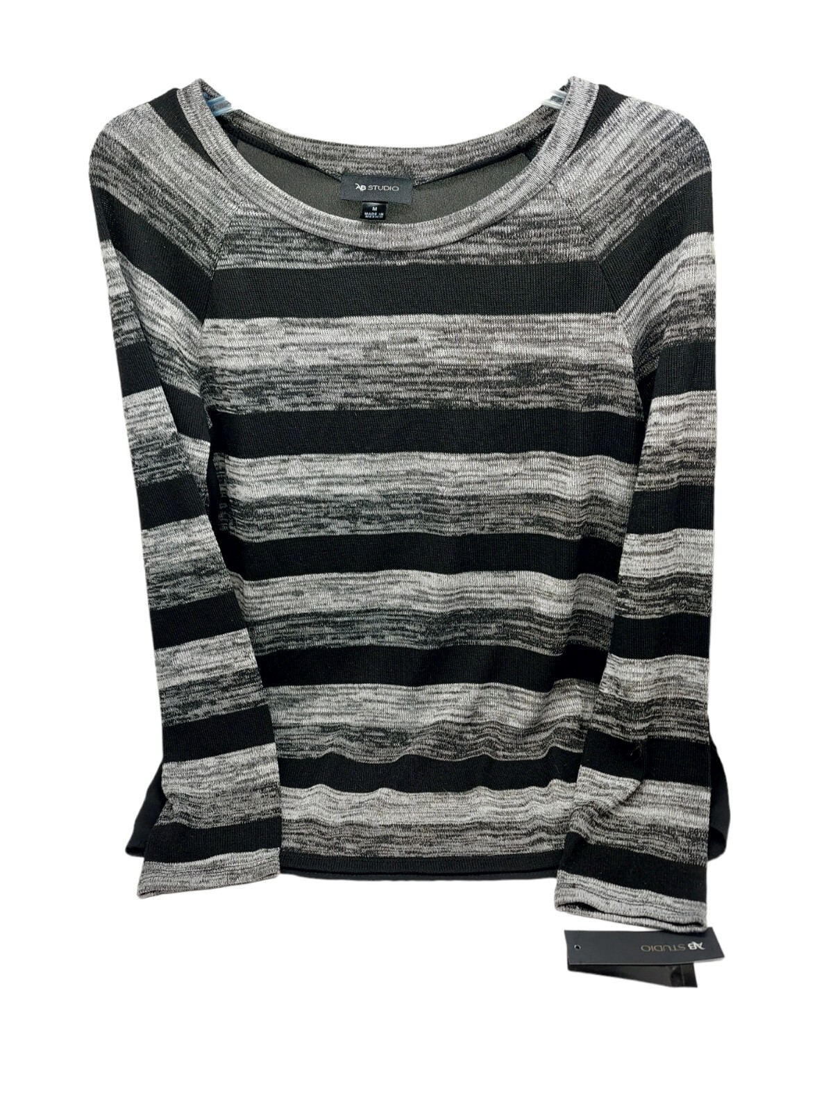 AB Studio Ladies Black Grey Striped Sweater Sheer Back Size Medium High low NWT
