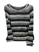 AB Studio Ladies Black Grey Striped Sweater Sheer Back Size Medium High low NWT
