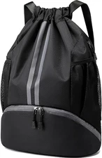 Sports Drawstring Backpack - String Swim Gym Bag with Shoes Compartment and Wet