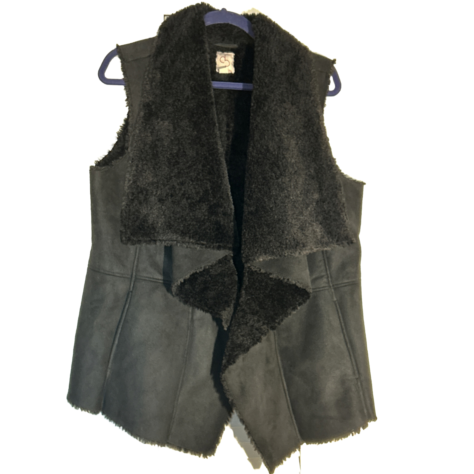 Vest with Pockets Open Front Black Faux Suede Sherpa-image