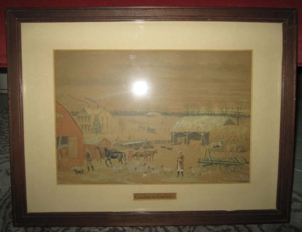 Antique framed art, Chores In Winter - painting / drawing signed Penfield, 1897