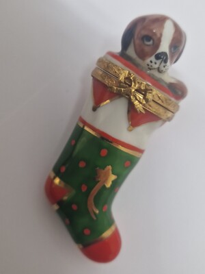 Limoges Artoria Weihnachten handbemalt Welpe in Strumpf Schmuckschatulle
