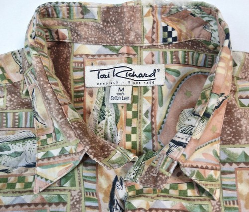 TORI RICHARD MENS SHIRT M HAWAIIAN FISH MAHI / SWORDFISH TAN GREEN BLUE - Picture 4 of 9