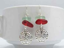 Frosted Red  Blue Sea Glass Beach Stone Pebble Silver Charm Dangle Earrings