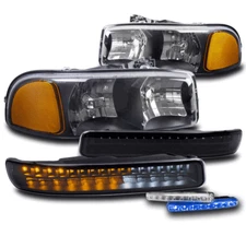 FOR 99-07 GMC SIERRA/00 YUKON PICKUP BLACK HEADLIGHT W/LED BUMPER LAMP+BLUE DRL