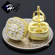 MEN 925 STERLING SILVER 9MM ICY CUBIC ZIRCONIA GOLD PLATED STUD EARRING*GE184
