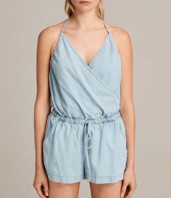 All Saints Andy Denim Halterneck Wrap Crossover Front Pocket