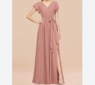 BM Bridal Blush Pink Short Sleeve Bridesmaid Dress Maxi Chiffon Slit V-Neck  Sz 4 | eBay