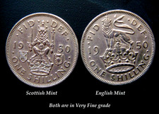 2 x 1950 King George VI One shilling coins English & Scottish Minted
